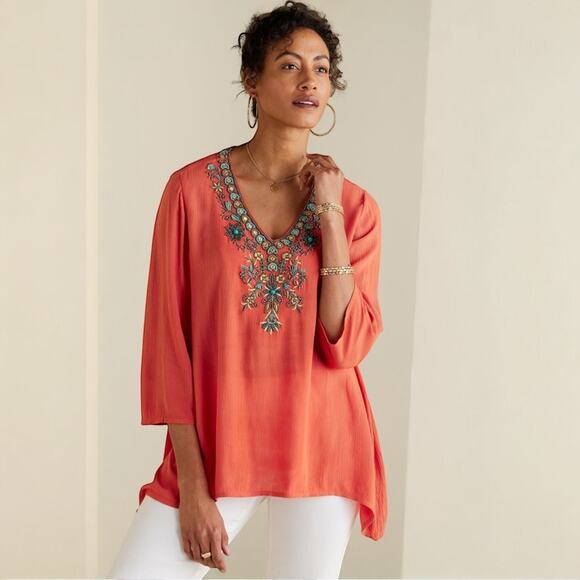 Soft Surroundings Paulina Gauze Pullover Tunic Top Coral Embellished Size Large - Picture 1 of 10